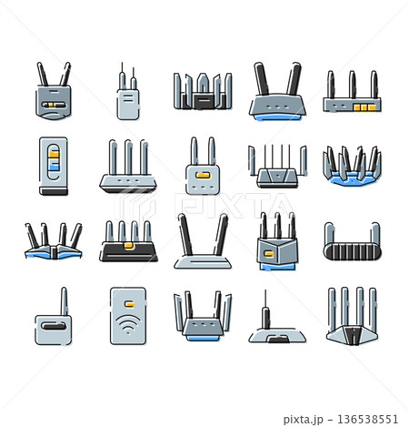 Router and modem devices creating wireless network connection icon set 136538551
