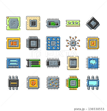 Computer chip technology icons representing electronic hardware components 136538553