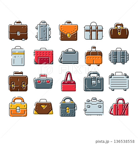 Collection of travel luggage bags and business briefcases line icons 136538558