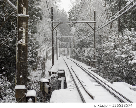 雪が積もる単線の線路と鉄橋 雪が積もる単線の線路と鉄橋 136538574