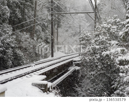 雪が積もる単線の線路と鉄橋 雪が積もる単線の線路と鉄橋 136538579