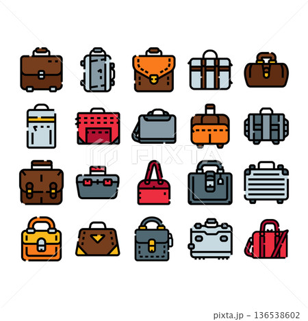 Diverse travel luggage and business briefcases line icons Diverse travel luggage and business briefcases line icons 136538602