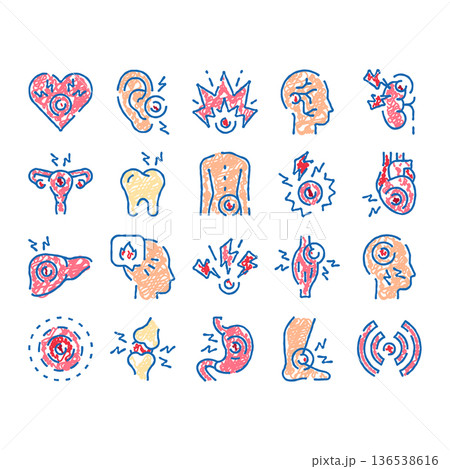 Human body various pain and inflammation symptoms icons Human body various pain and inflammation symptoms icons 136538616
