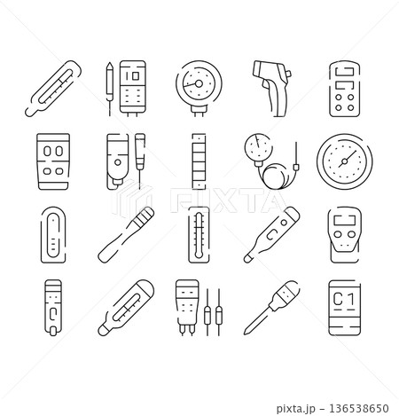 Measuring temperature and climate with various thermometers icons 136538650