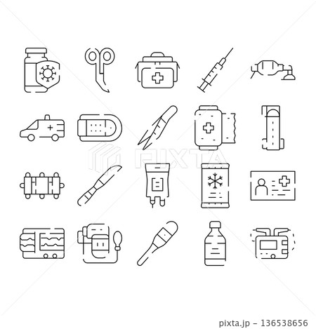 Medical first aid and emergency equipment line icons 136538656