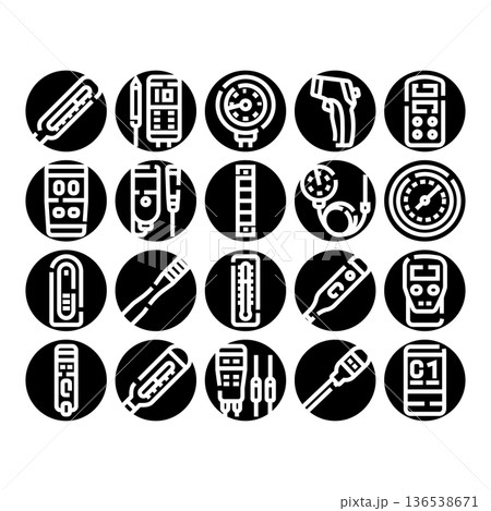 Temperature measurement tool thermometer device glyph icons set 136538671