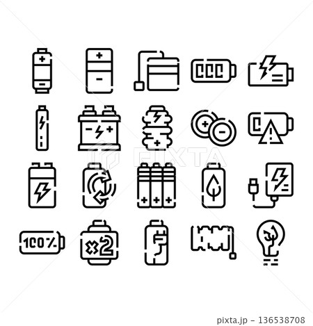 Battery power energy charging electricity outline icon set 136538708