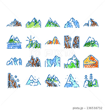 Mountain range icons creating doodle style nature landscape Mountain range icons creating doodle style nature landscape 136538732