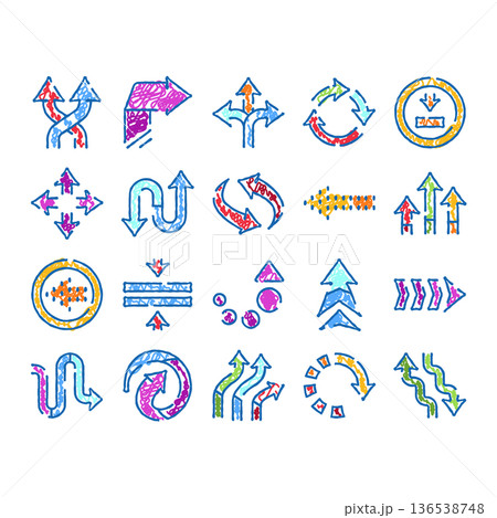 Colorful doodle arrows pointing different directions and concepts 136538748