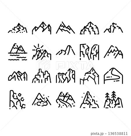 Mountain peaks line icons set presenting nature landscapes 136538811