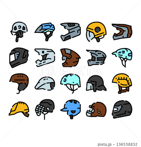 Helmets collection featuring various safety headgear types 136538832