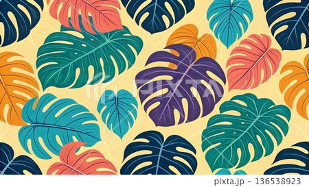 Seamless tropical monstera leaves neon pop color scheme background Seamless tropical monstera leaves neon pop color scheme background 136538923