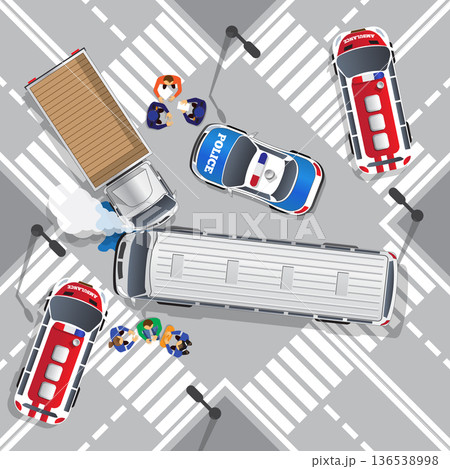 Road accident bus and truck. View from above. Vector illustration.  136538998