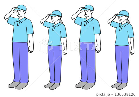 笑顔でさわやかに挨拶をする作業員の男女のシンプルな線画ベクターイラストセット・全身・横向き 136539126