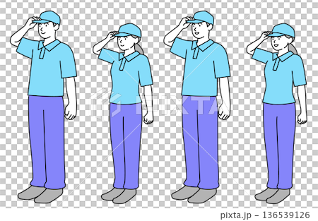 一組簡單的線條畫向量插圖,描繪了男女工人微笑地互相問候,全身側身像。 一組簡單的線條畫向量插圖,描繪了男女工人微笑地互相問候,全身側身像。 136539126