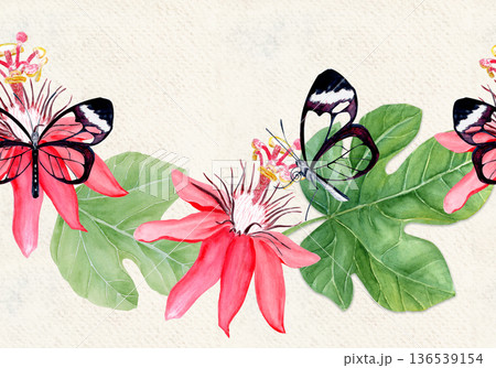 Glasswing butterfly, passionflower and leaves elegant watercolor seamless border on beige. Hand-painted art perfect for tropical decor, botanical card, eco branding, packaging, or wedding invitations. 136539154