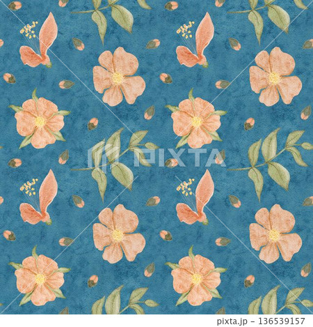 Seamless watercolor floral pattern, small peach blossoms scattered on blue. Minimal botanical surface design for fashion textiles, fabric printing, packaging, stationery, modern lifestyle branding Seamless watercolor floral pattern, small peach blossoms scattered on blue. Minimal botanical surface design for fashion textiles, fabric printing, packaging, stationery, modern lifestyle branding 136539157