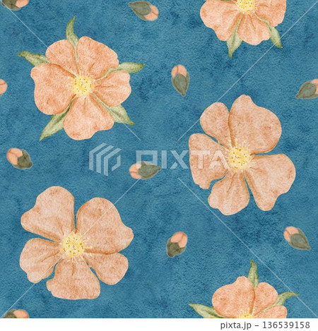 Seamless watercolor floral pattern, small peach blossoms scattered on textured blue background. Minimal botanical surface design, fashion textiles, wallpaper, packaging, stationery, modern home decor Seamless watercolor floral pattern, small peach blossoms scattered on textured blue background. Minimal botanical surface design, fashion textiles, wallpaper, packaging, stationery, modern home decor 136539158