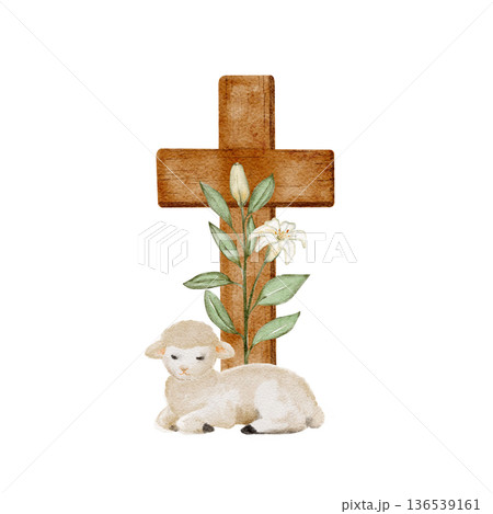 Lamb resting near wooden cross with lilies watercolor illustration on white. Easter clip art ideal for church materials, religious prints, faith-based design, and worship visuals.Soft natural tones Lamb resting near wooden cross with lilies watercolor illustration on white. Easter clip art ideal for church materials, religious prints, faith-based design, and worship visuals.Soft natural tones 136539161