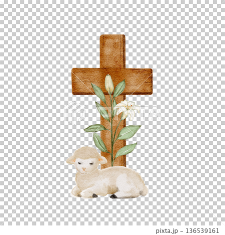 Lamb resting near wooden cross with lilies watercolor illustration on white. Easter clip art ideal for church materials, religious prints, faith-based design, and worship visuals.Soft natural tones Lamb resting near wooden cross with lilies watercolor illustration on white. Easter clip art ideal for church materials, religious prints, faith-based design, and worship visuals.Soft natural tones 136539161