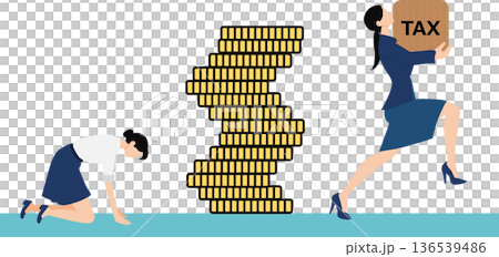 重い税率がのしかかっているビジネスウーマンのイラスト 重い税率がのしかかっているビジネスウーマンのイラスト 136539486