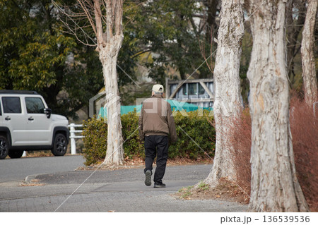 冬の公園で散歩する一人のシニア男性の姿 136539536