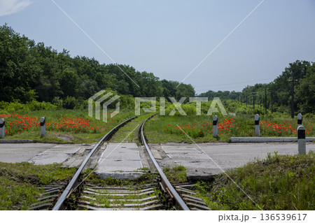 A fragment of a railroad track with rails A fragment of a railroad track with rails 136539617