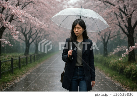 桜と傘をさす女性 桜と傘をさす女性 136539830