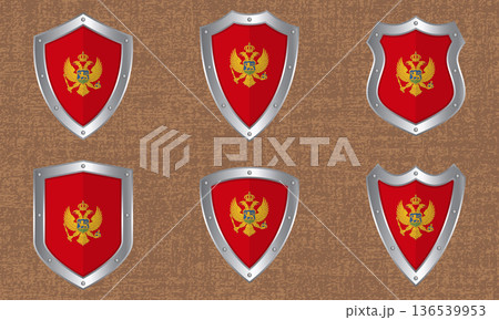 Set of metal shields with the Montenegro flag Set of metal shields with the Montenegro flag 136539953