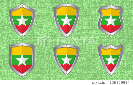 Set of metal shields with the Myanmar flag Set of metal shields with the Myanmar flag 136539954