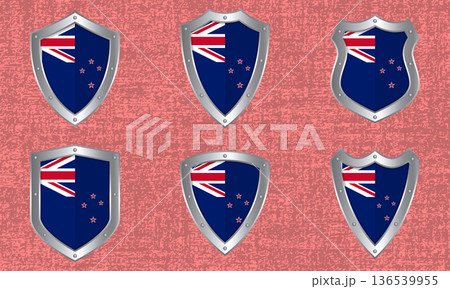Set of metal shields with the New Zealand flag Set of metal shields with the New Zealand flag 136539955