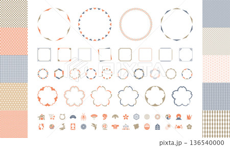 和モダンのフレームとアイコンと和柄のセット素材集 136540000