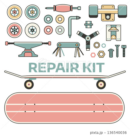 Skateboard Repair Kit Icon Set in Line Art 136540036
