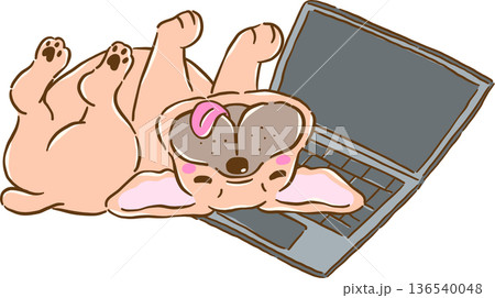 Silly French Bulldog Belly up Sleeping on Laptop, frenchie Dog Cartoon Hand Drawn 136540048