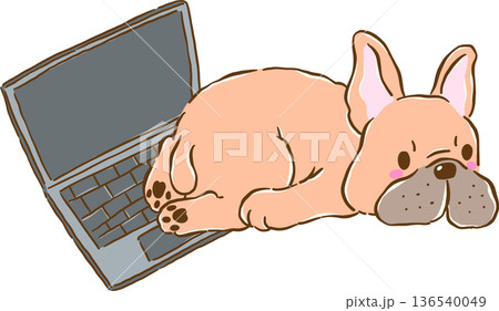 Funny Silly French Bulldog sploot on Laptop, frenchie Dog Cartoon Hand Drawn 136540049