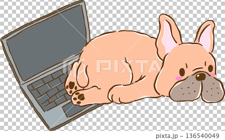 Funny Silly French Bulldog sploot on Laptop, frenchie Dog Cartoon Hand Drawn Funny Silly French Bulldog sploot on Laptop, frenchie Dog Cartoon Hand Drawn 136540049