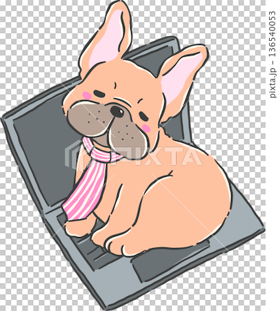 Sleepy French Bulldog with Tie Sitting on top Laptop, frenchie Dog Cartoon Hand Drawn Sleepy French Bulldog with Tie Sitting on top Laptop, frenchie Dog Cartoon Hand Drawn 136540053