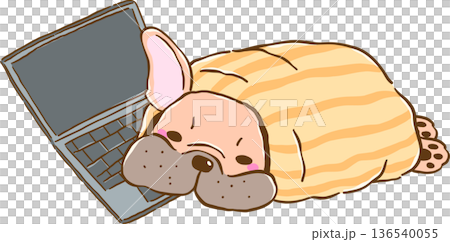 Sleepy French Bulldog in Blanket Burrito on Laptop, frenchie Dog Cartoon Hand Drawn Sleepy French Bulldog in Blanket Burrito on Laptop, frenchie Dog Cartoon Hand Drawn 136540055