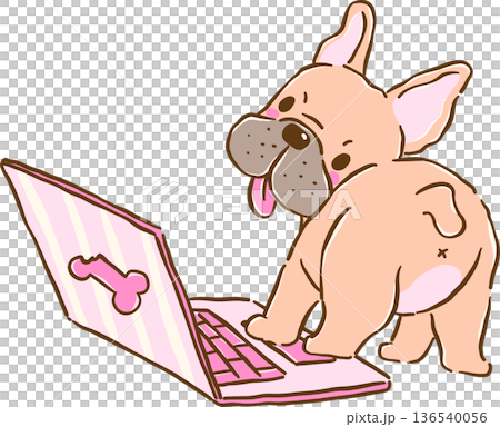 Grumpy Belp French Bulldog Using a pink Laptop, frenchie Dog Cartoon Hand Drawn Grumpy Belp French Bulldog Using a pink Laptop, frenchie Dog Cartoon Hand Drawn 136540056