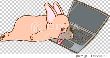 Funny sleepy French Bulldog Lying Down on Laptop, frenchie Dog Cartoon Hand Drawn Funny sleepy French Bulldog Lying Down on Laptop, frenchie Dog Cartoon Hand Drawn 136540058