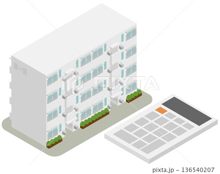団地の売却査定と大規模修繕費用の計算イメージ 電卓と集合住宅のアイソメトリックイラスト 団地の売却査定と大規模修繕費用の計算イメージ 電卓と集合住宅のアイソメトリックイラスト 136540207