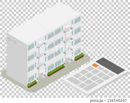 団地の売却査定と大規模修繕費用の計算イメージ 電卓と集合住宅のアイソメトリックイラスト 団地の売却査定と大規模修繕費用の計算イメージ 電卓と集合住宅のアイソメトリックイラスト 136540207