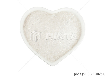 White sugar in ceramic bowl isolated on white background. Top view. Flat lay 136540254