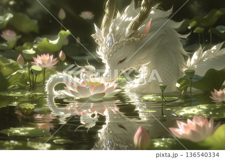 麗しの龍神シリーズ:蓮の花が咲く池で子供を見守る優しく高貴な母龍 麗しの龍神シリーズ:蓮の花が咲く池で子供を見守る優しく高貴な母龍 136540334