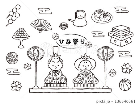 モノクロ線画のひな祭りモチーフセット 136540361