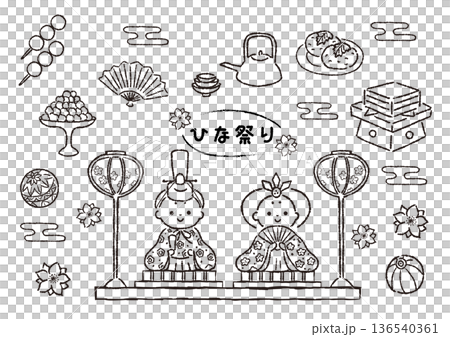 單色線條畫女兒節圖案集 136540361