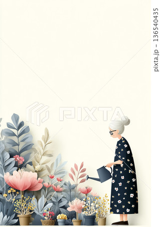 美優シリーズ：花を育てるシニア女性のガーデニング風景（明るい縦構図・余白あり） 136540435