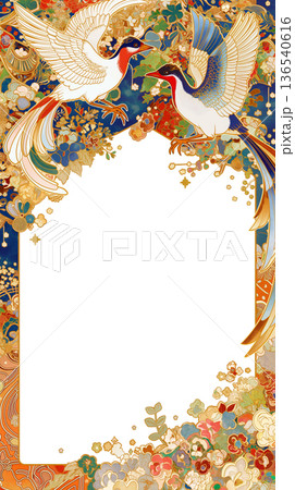 華やかな花々と小鳥が舞う装飾フレームイラスト 背景透過対応の高品質ボタニカルアート 136540616