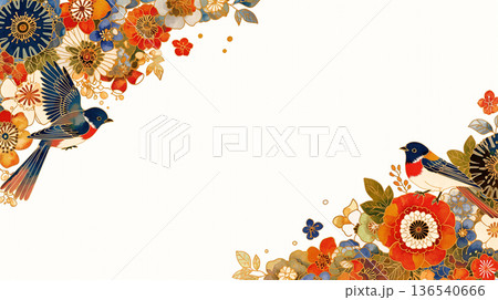 アンティーク風の花装飾と鳥が舞うクラシックフレーム背景 中央テキストスペースあり ボタニカルモチーフ 136540666