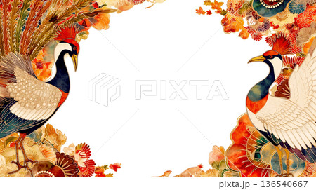 アンティーク風の花装飾と鳥が舞うクラシックフレーム背景 中央テキストスペースあり ボタニカルモチーフ 136540667